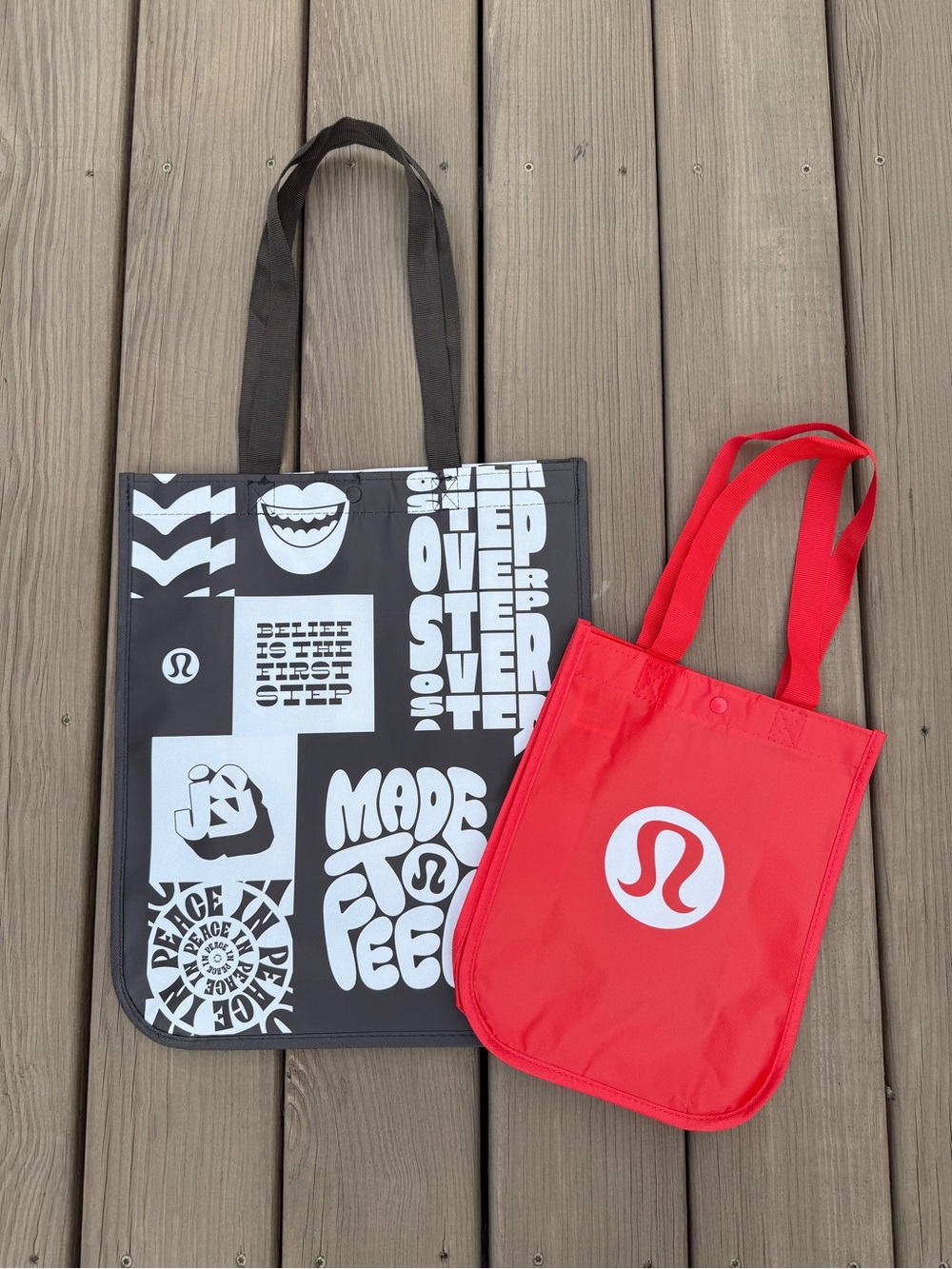 Lululemon Large Brown Graphic Tote and Small Red Logo “Made to Feel” Tote